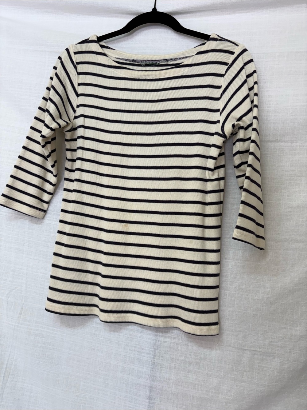 L.L. Bean Cream and Navy Striped Long Sleeve Boatneck Top